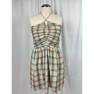American Eagle Women's Runched Front Multicolor Plaid Cotton Halter Dress Size M